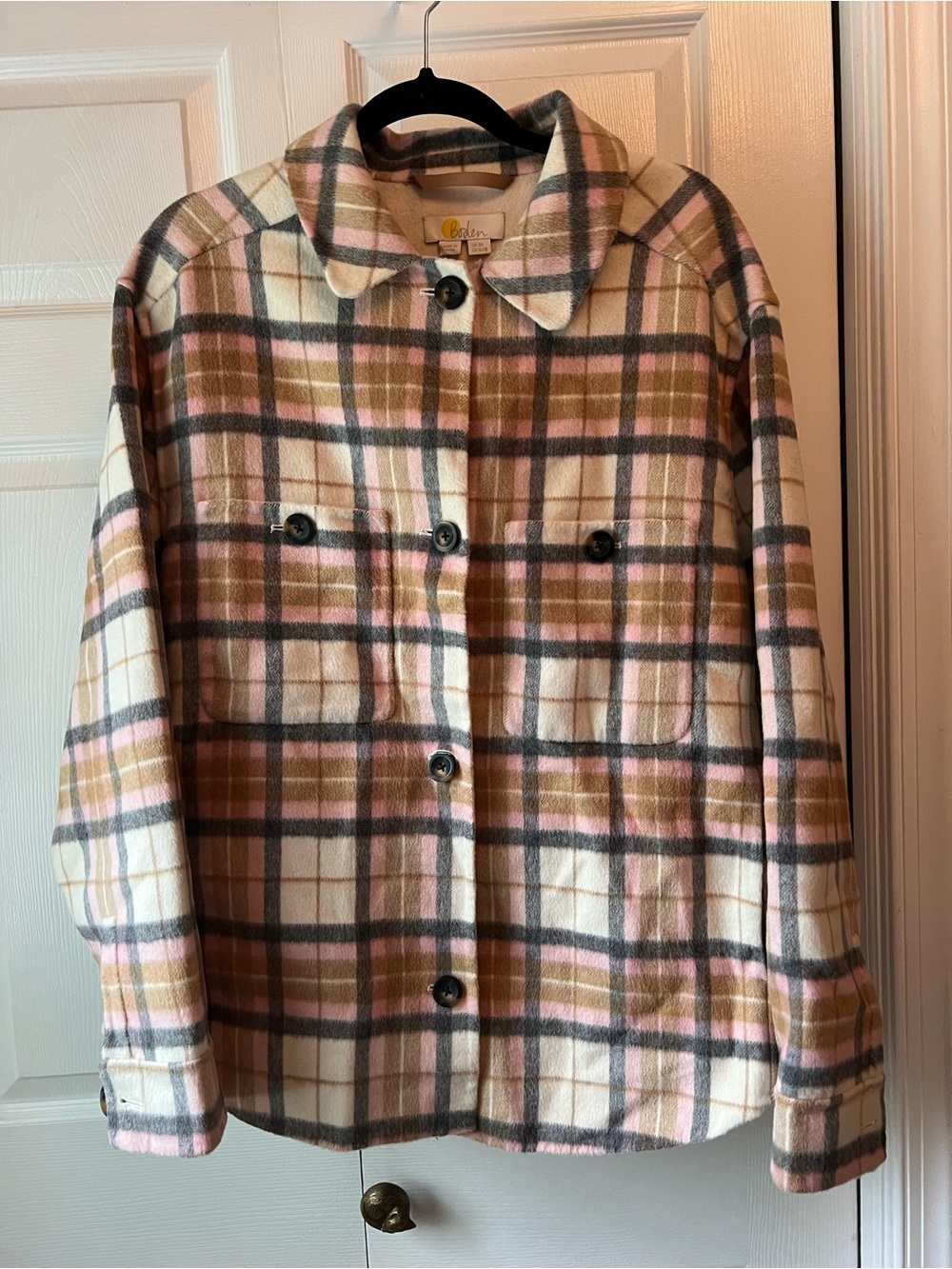 Boden Cream Pink and Olive Plaid Button-Down Shirt Jacket